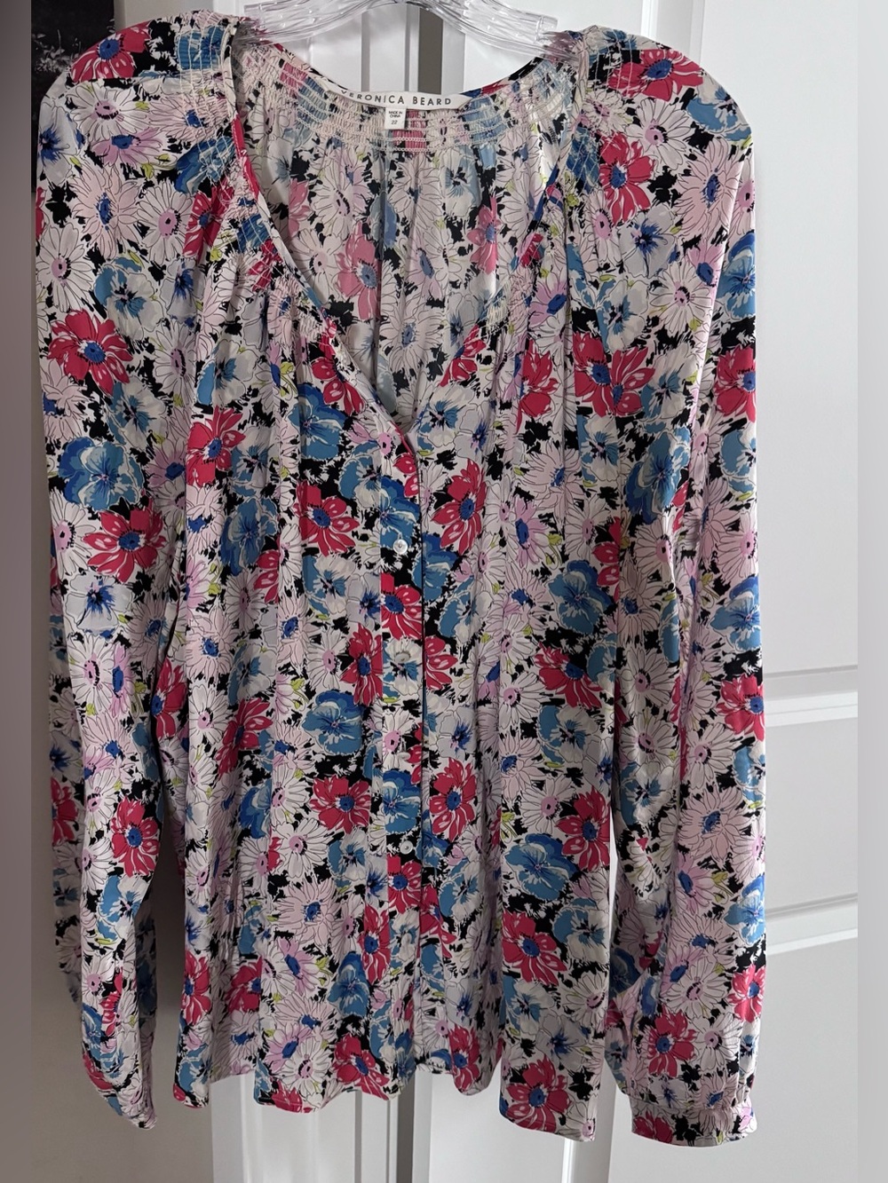 Veronica Beard Pink Floral V-Neck Button-Front Top with Blue & Black Accents